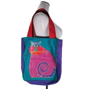 Vintage Laurel Burch Cat Tote Bag Cotton Canvas Teal Purple Art Graphic